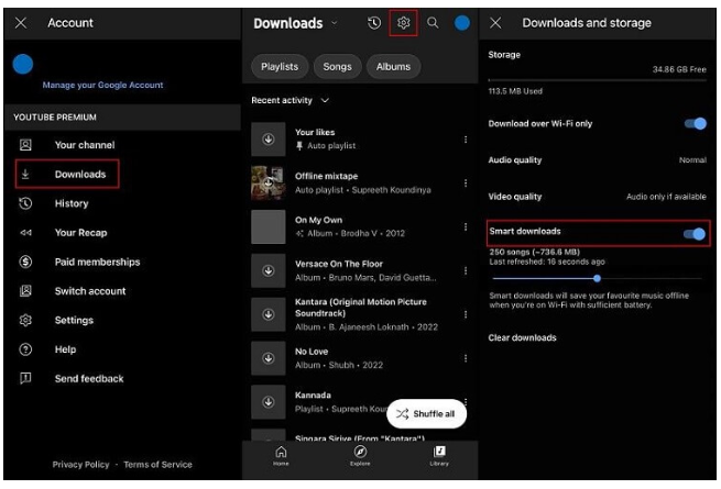 turn on smart download youtube music on android