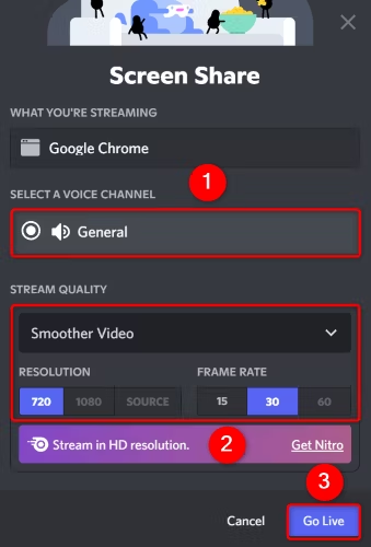 select Discord streaming quality